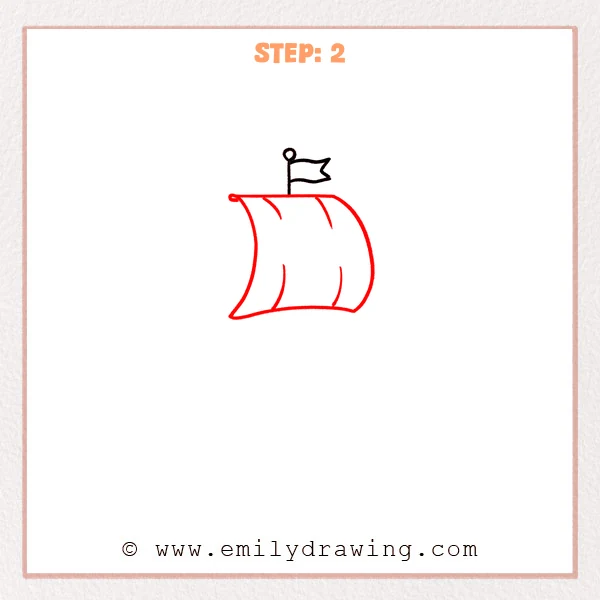 how to draw a cartoon boat - A cartoon boat drawing now includes a large curved sail beneath the small flag, with simple fold lines.